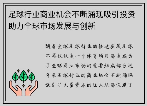 足球行业商业机会不断涌现吸引投资助力全球市场发展与创新 足球行业商业机会不断涌现吸引投资助力全球市场发展与创新