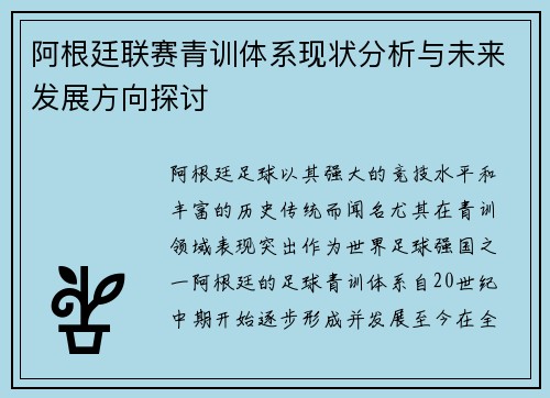 阿根廷联赛青训体系现状分析与未来发展方向探讨