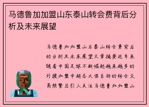 马德鲁加加盟山东泰山转会费背后分析及未来展望