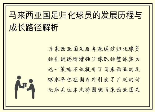 马来西亚国足归化球员的发展历程与成长路径解析