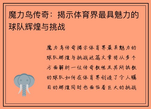 魔力鸟传奇：揭示体育界最具魅力的球队辉煌与挑战